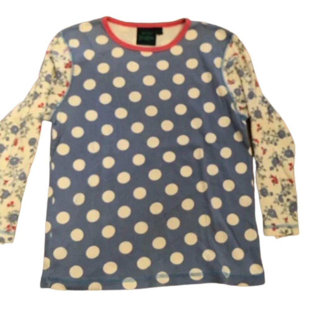 MINI BODEN SIZE 13-14 YR BLUE POLKA DOT FLORAL MIXED PATTERN LONG SLEEVE TOP